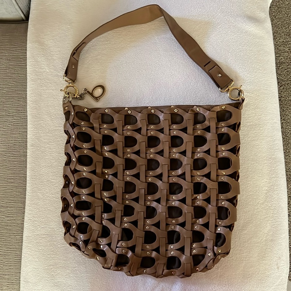 Beautiful Bebe Tan Brown Leather Studded Large Hobo Handbag. Used.